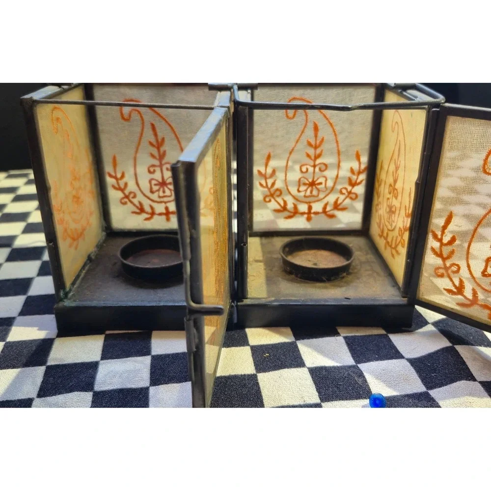 Vintage Boho‎ Metal Glass Paisley Embroidered Tea Light Lanterns Set of 2 Black